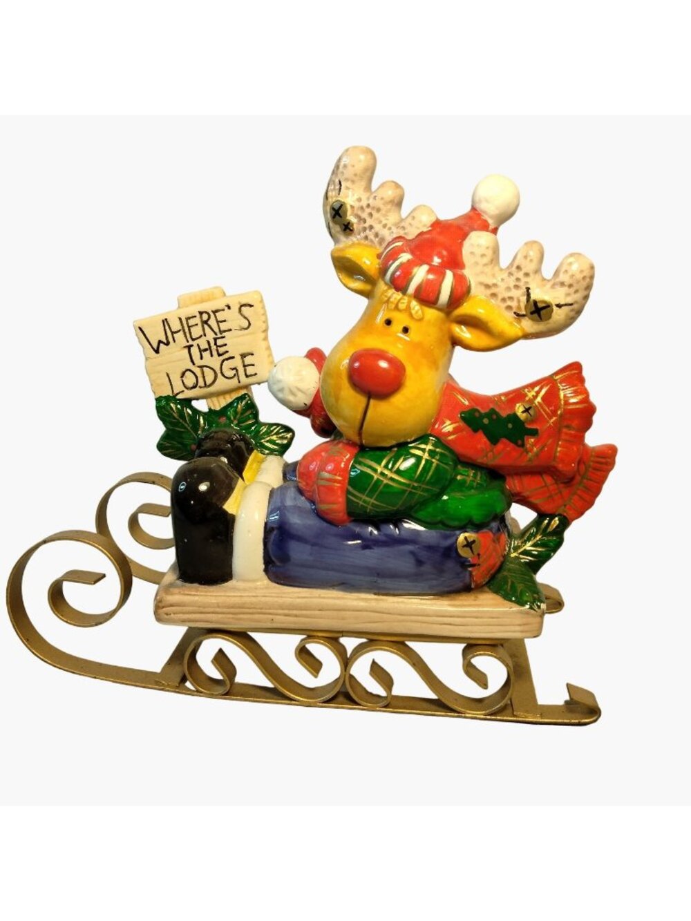 Colorful Reindeer Sleigh Figurine Wheres The Lodge Sign Christmas Vintage K Mart